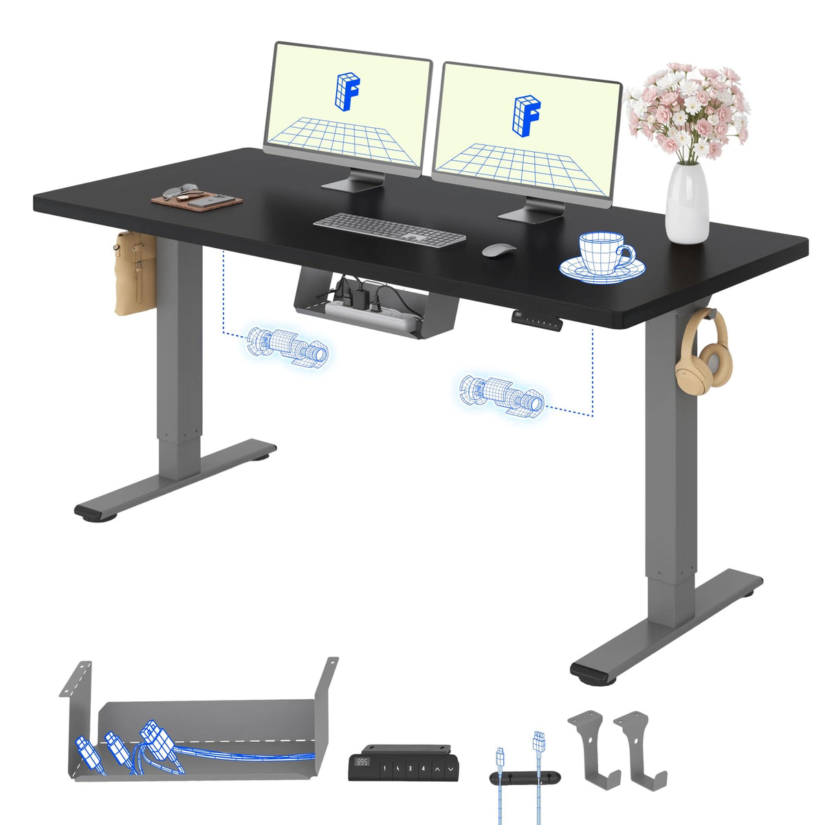 FLEXISPOT Höhenverstellbarer Schreibtisch elektrisch, Doppelmotor 160x80 cm – Kaffee-eiche Optik Tischplatte + Schwarz Tischgestell, 180 x 80 cm