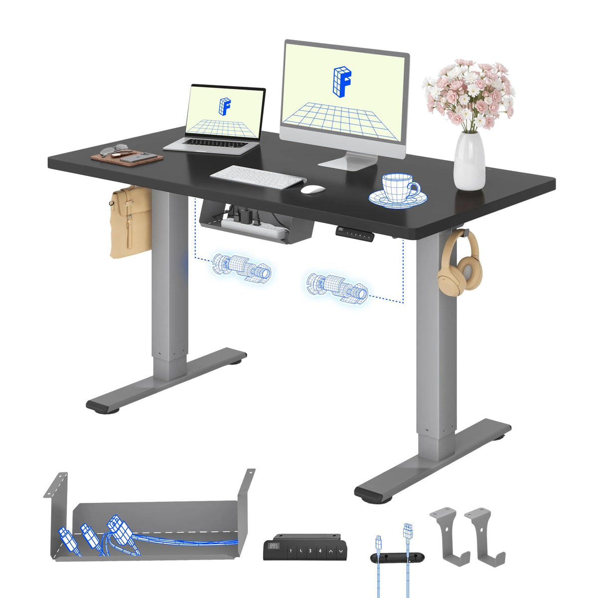 FLEXISPOT Höhenverstellbarer Schreibtisch elektrisch, Doppelmotor 160x80 cm – Weiß Tischplatte+grau Tischgestell, 180 x 80 cm