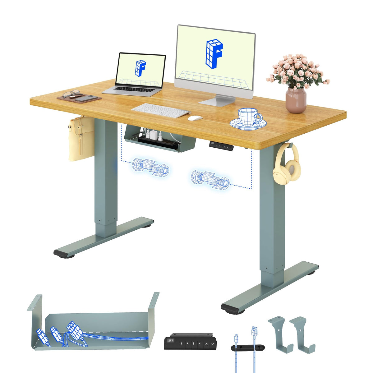 FLEXISPOT Höhenverstellbarer Schreibtisch elektrisch, Doppelmotor 160x80 cm – Weiß Tischplatte+weiß Tischgestell, 180 x 80 cm