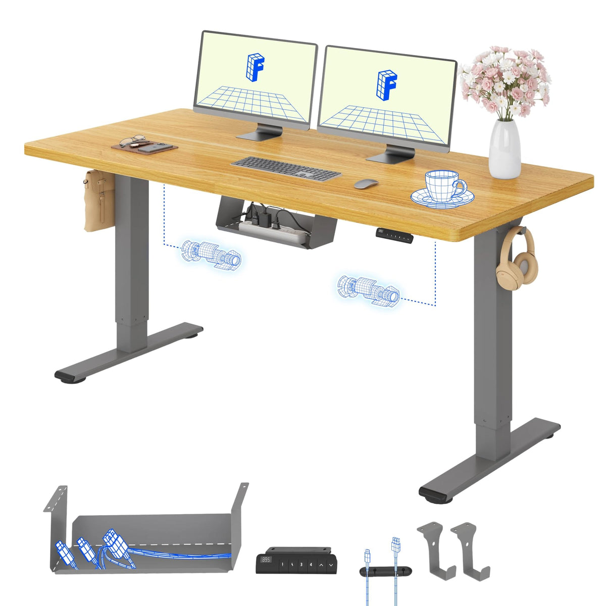 FLEXISPOT Höhenverstellbarer Schreibtisch elektrisch, Doppelmotor 160x80 cm – Schwarz Tischplatte+grau Tischgestell, 140 x 80 cm