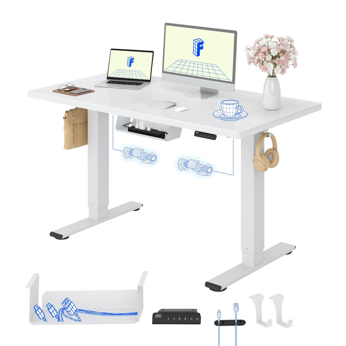 FLEXISPOT Höhenverstellbarer Schreibtisch elektrisch, Doppelmotor 160x80 cm – Ahorn Tischplatte+mousseweiß Tischgestell, 140 x 80 cm