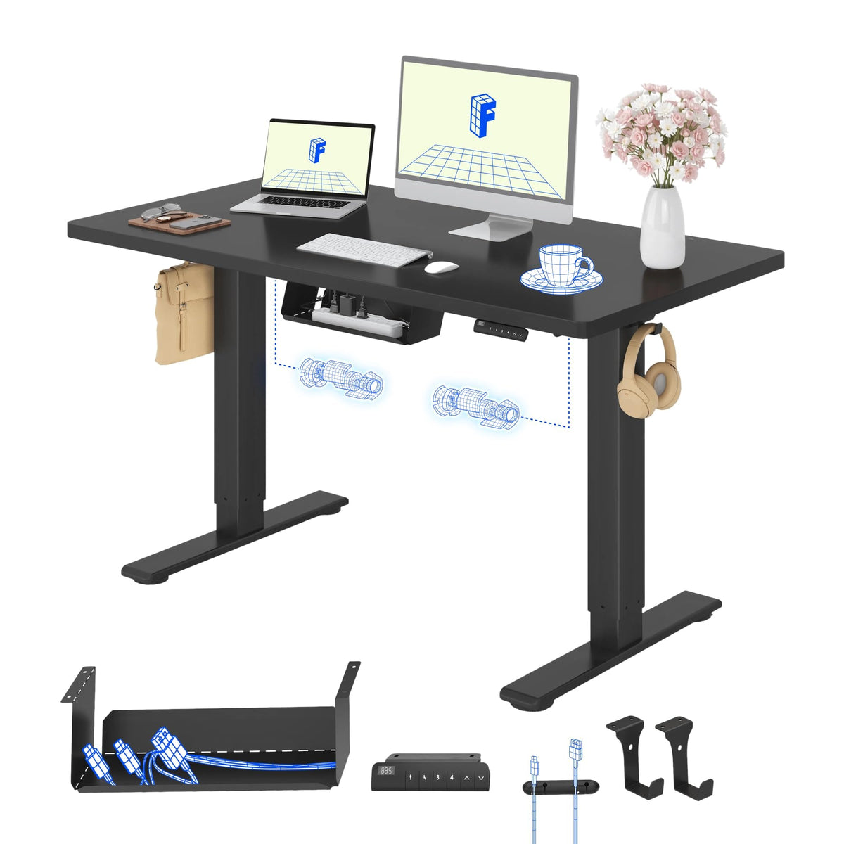 FLEXISPOT Höhenverstellbarer Schreibtisch elektrisch, Doppelmotor 160x80 cm – Walnussbraun Tischplatte+schwarz Tischgestell, 140 x 80 cm