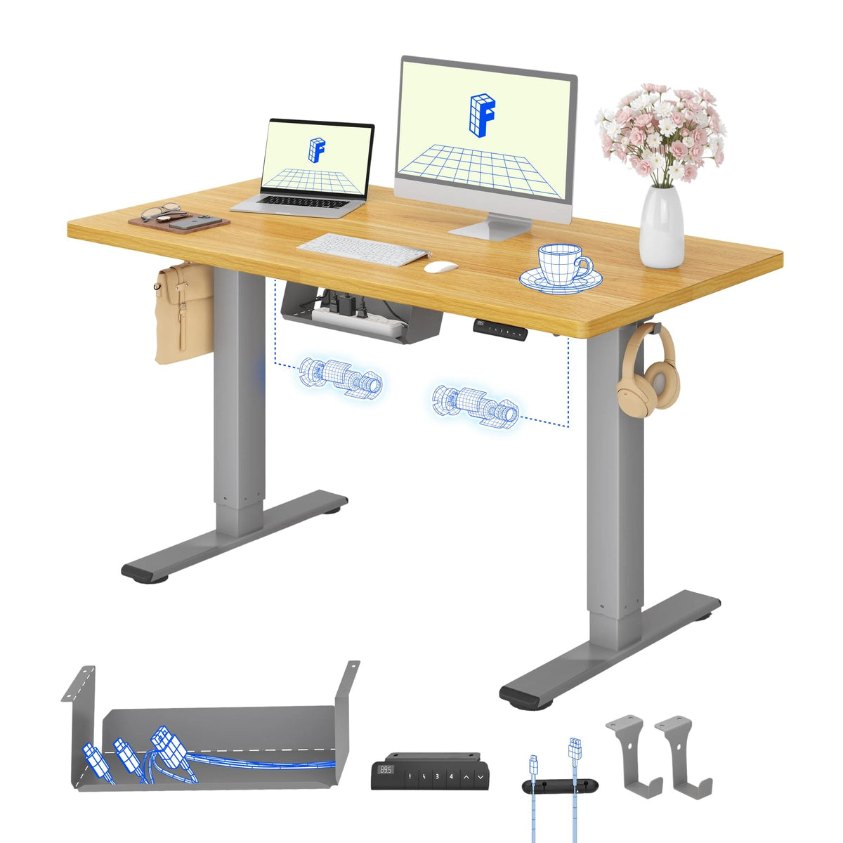 FLEXISPOT Höhenverstellbarer Schreibtisch elektrisch, Doppelmotor 160x80 cm – Ahorn Tischplatte+schwarz Tischgestell, 160 x 80 cm
