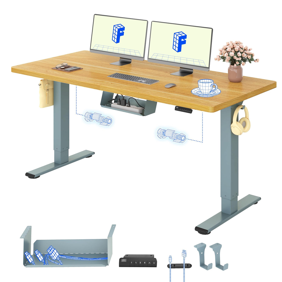 FLEXISPOT Höhenverstellbarer Schreibtisch elektrisch, Doppelmotor 160x80 cm – Ahorn Tischplatte+sierrablau Tischgestell, 160 x 80 cm