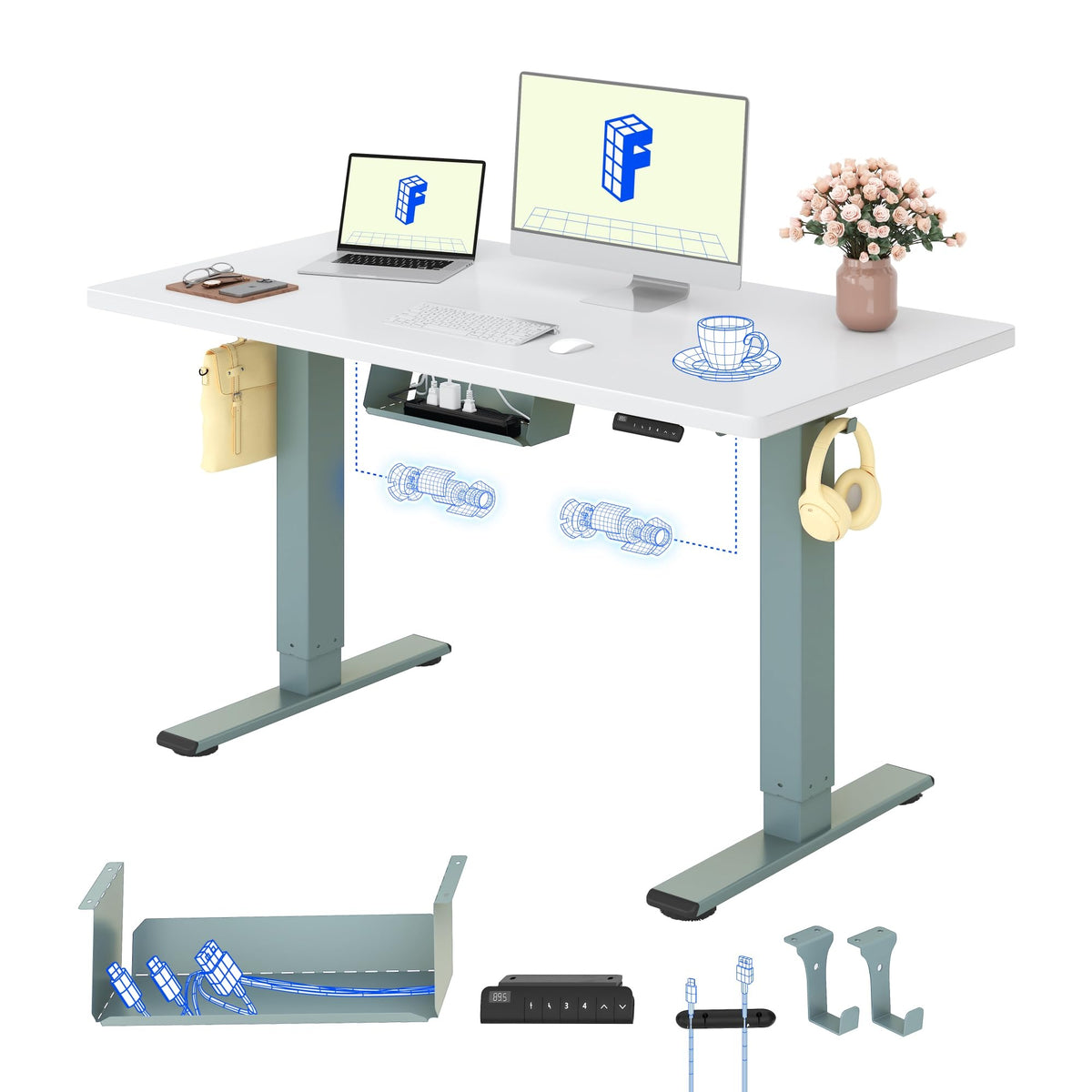 FLEXISPOT Höhenverstellbarer Schreibtisch elektrisch, Doppelmotor 160x80 cm – Ahorn Tischplatte+mousseweiß Tischgestell, 160 x 80 cm
