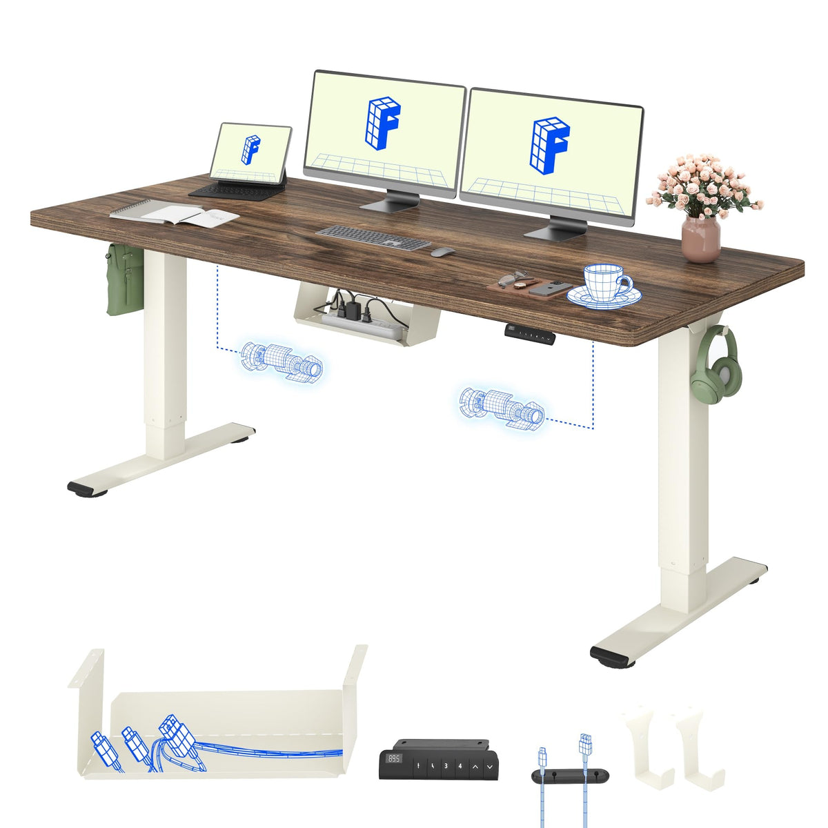 FLEXISPOT Höhenverstellbarer Schreibtisch elektrisch, Doppelmotor 160x80 cm – Walnussbraun Tischplatte+mousseweiß Tischgestell, 160 x 80 cm
