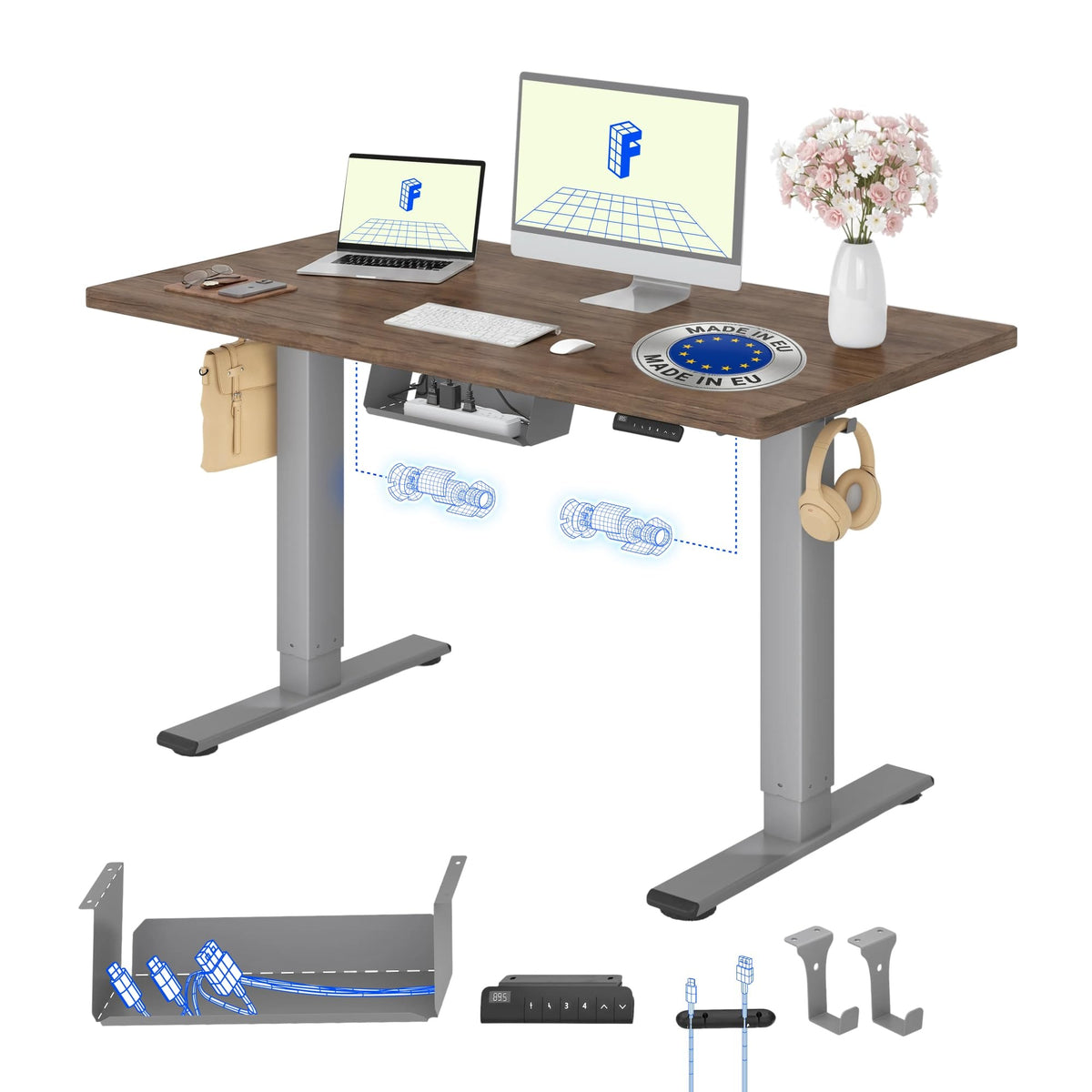 FLEXISPOT Höhenverstellbarer Schreibtisch elektrisch, Doppelmotor 160x80 cm – Kaffee-eiche Optik Tischplatte + Weiß Tischgestell, 120 x 80 cm