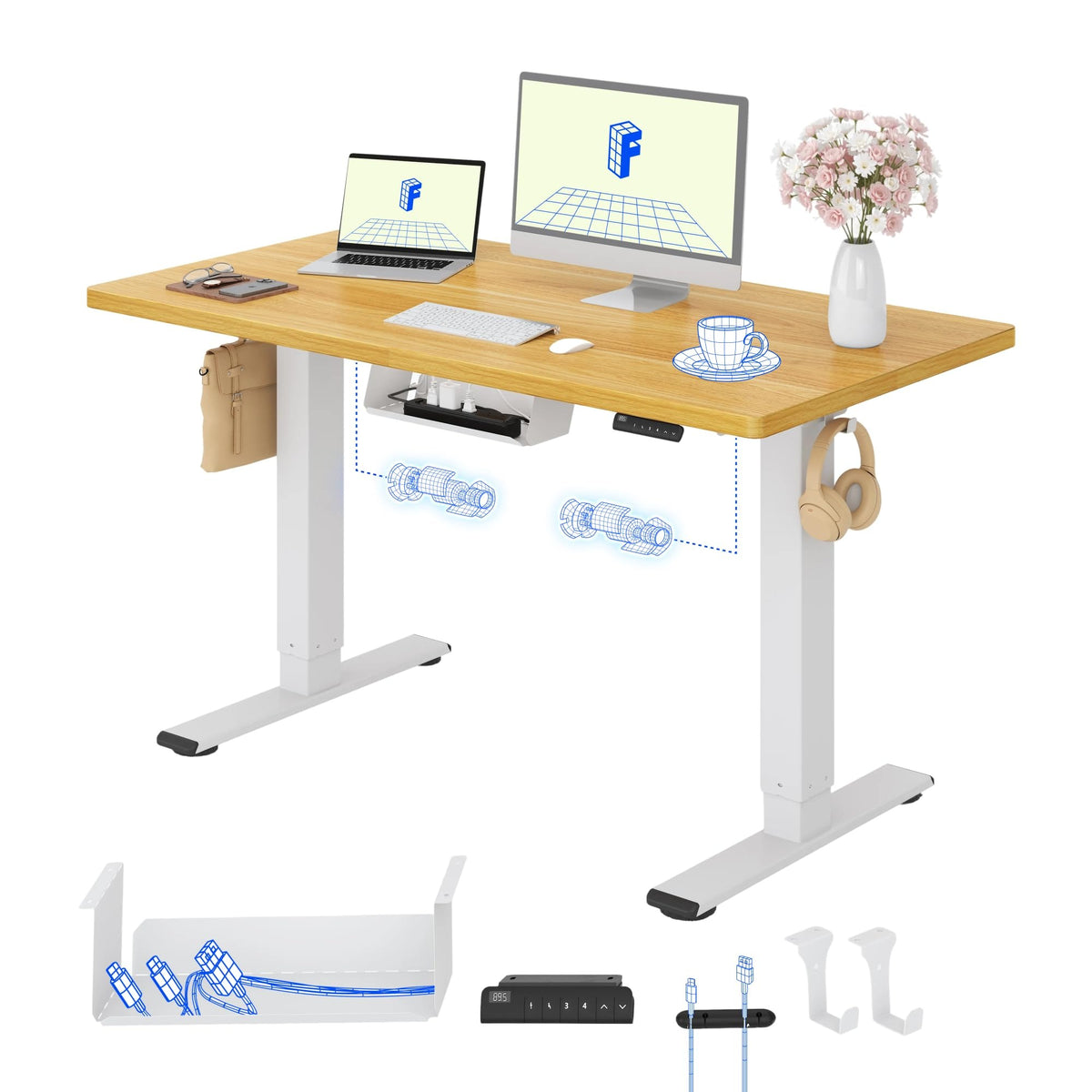 FLEXISPOT Höhenverstellbarer Schreibtisch elektrisch, Doppelmotor 160x80 cm – Schwarz Tischplatte+grau Tischgestell, 120 x 80 cm