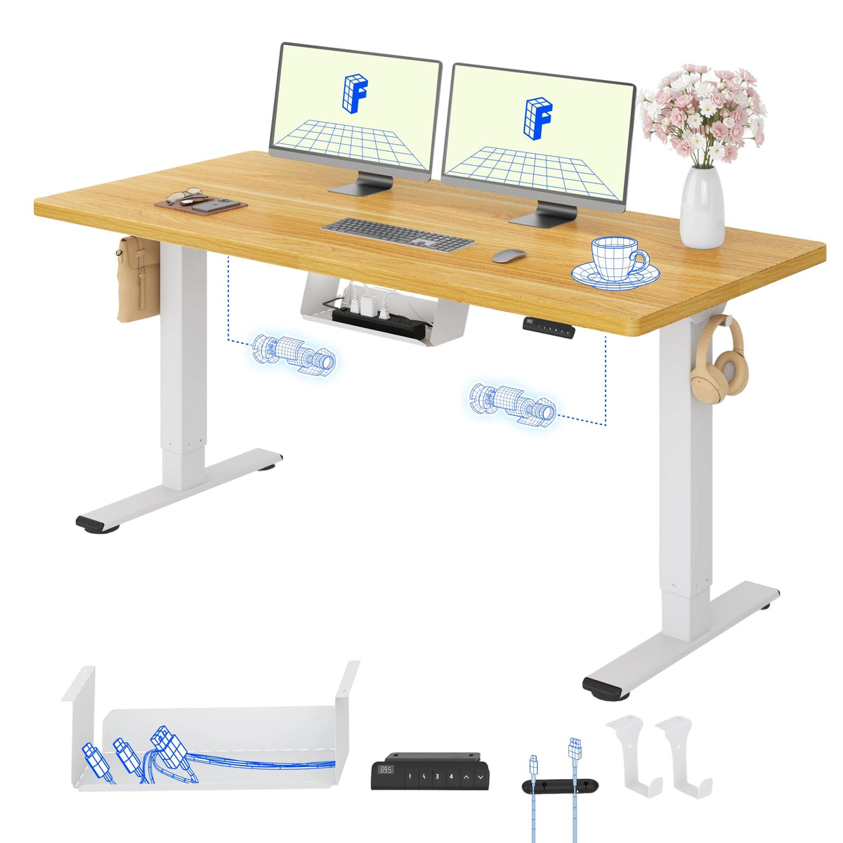FLEXISPOT Höhenverstellbarer Schreibtisch elektrisch, Doppelmotor 160x80 cm – Schwarz Tischplatte+schwarz Tischgestell, 120 x 80 cm