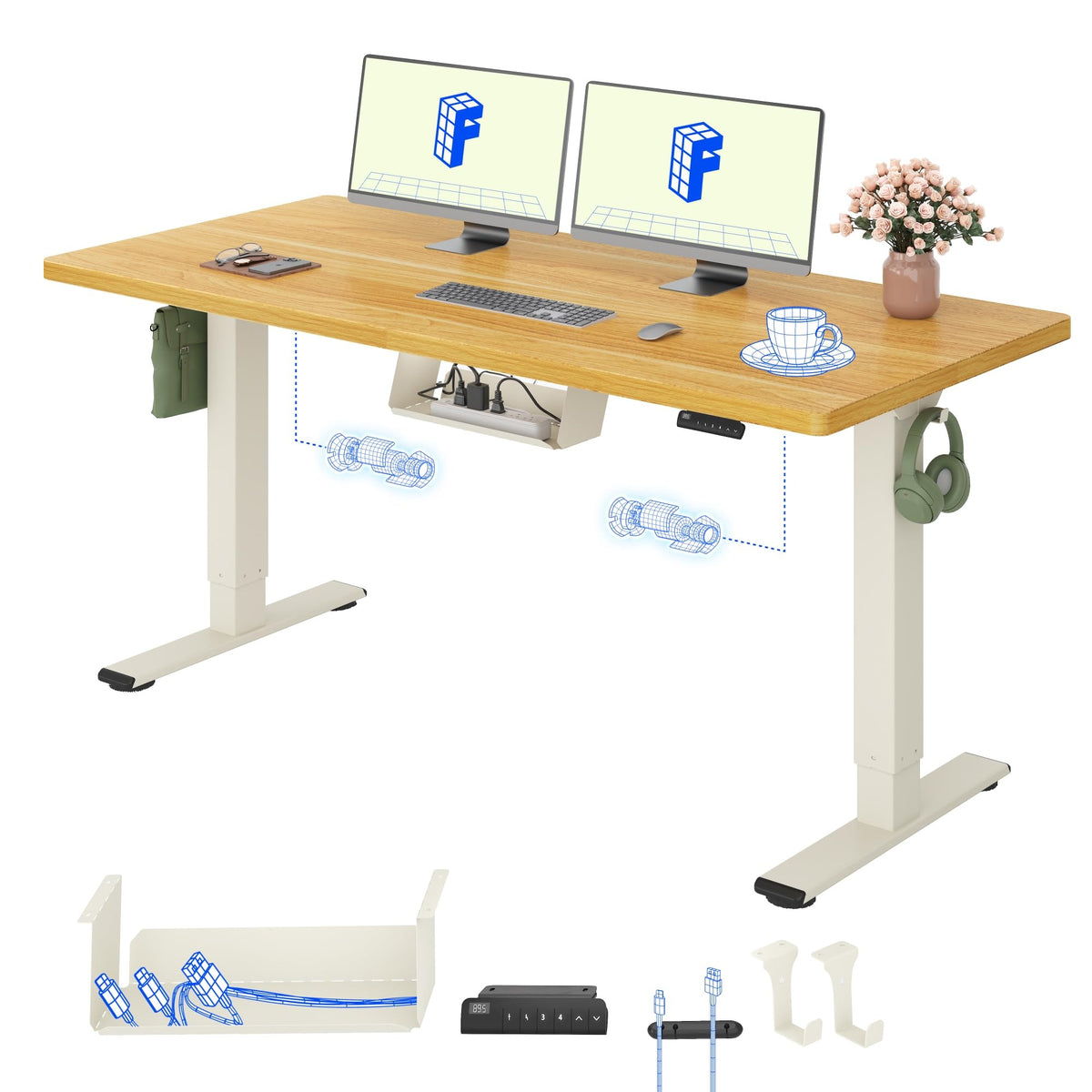 FLEXISPOT Höhenverstellbarer Schreibtisch elektrisch, Doppelmotor 160x80 cm – Ahorn Tischplatte+schwarz Tischgestell, 120 x 80 cm