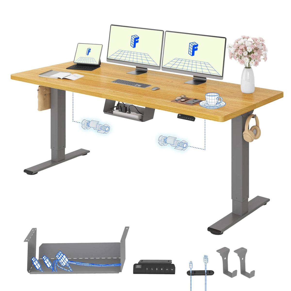 FLEXISPOT Höhenverstellbarer Schreibtisch elektrisch, Doppelmotor 160x80 cm – Ahorn Tischplatte+mousseweiß Tischgestell, 120 x 80 cm