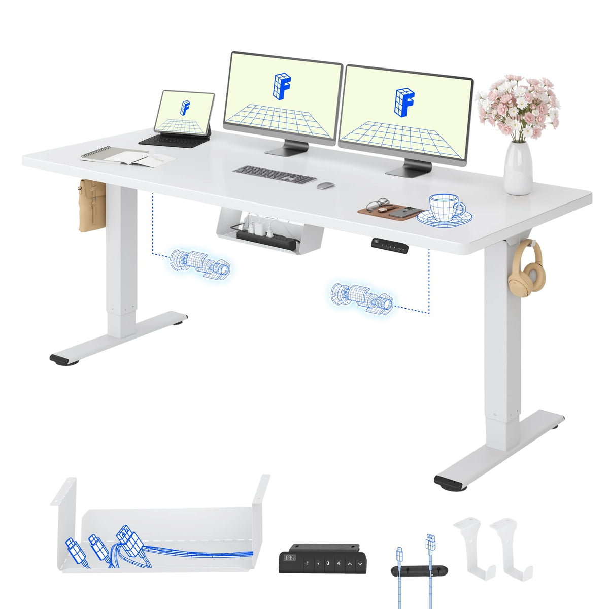 FLEXISPOT Höhenverstellbarer Schreibtisch elektrisch, Doppelmotor 160x80 cm – Walnussbraun Tischplatte+mousseweiß Tischgestell, 120 x 80 cm