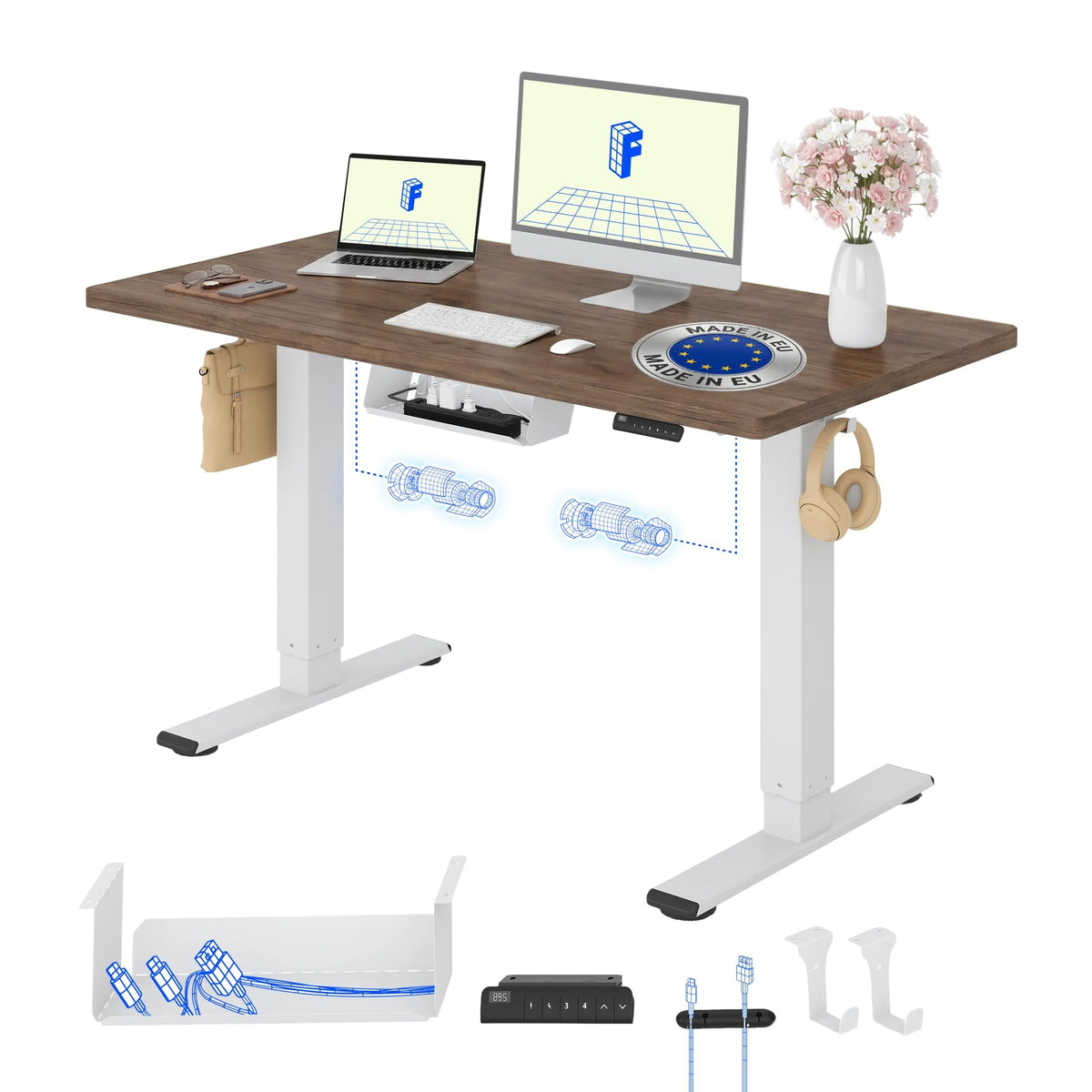 FLEXISPOT Höhenverstellbarer Schreibtisch elektrisch, Doppelmotor 160x80 cm – Ahorn Tischplatte+weiß Tischgestell, 120 x 80 cm