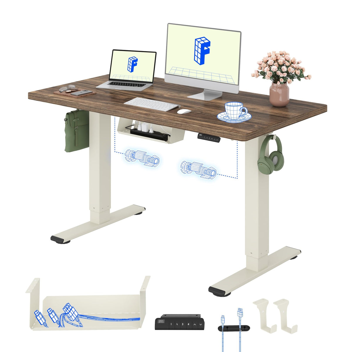 FLEXISPOT Höhenverstellbarer Schreibtisch elektrisch, Doppelmotor 160x80 cm – Weiß Tischplatte+grau Tischgestell, 120 x 80 cm