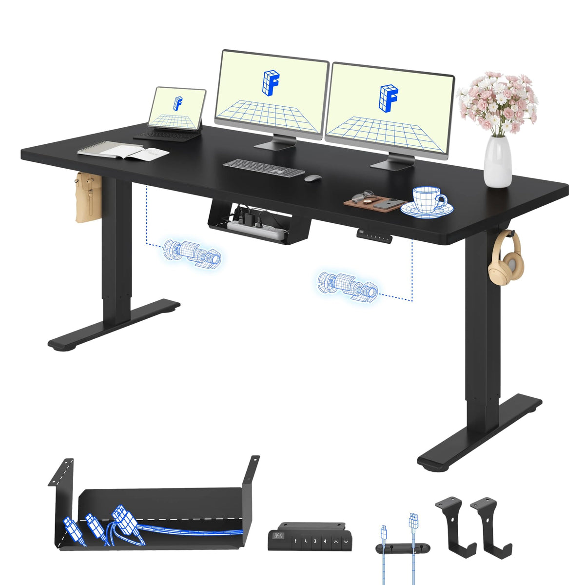 FLEXISPOT Höhenverstellbarer Schreibtisch elektrisch, Doppelmotor 160x80 cm – Ahorn Tischplatte+mousseweiß Tischgestell, 120 x 60 cm