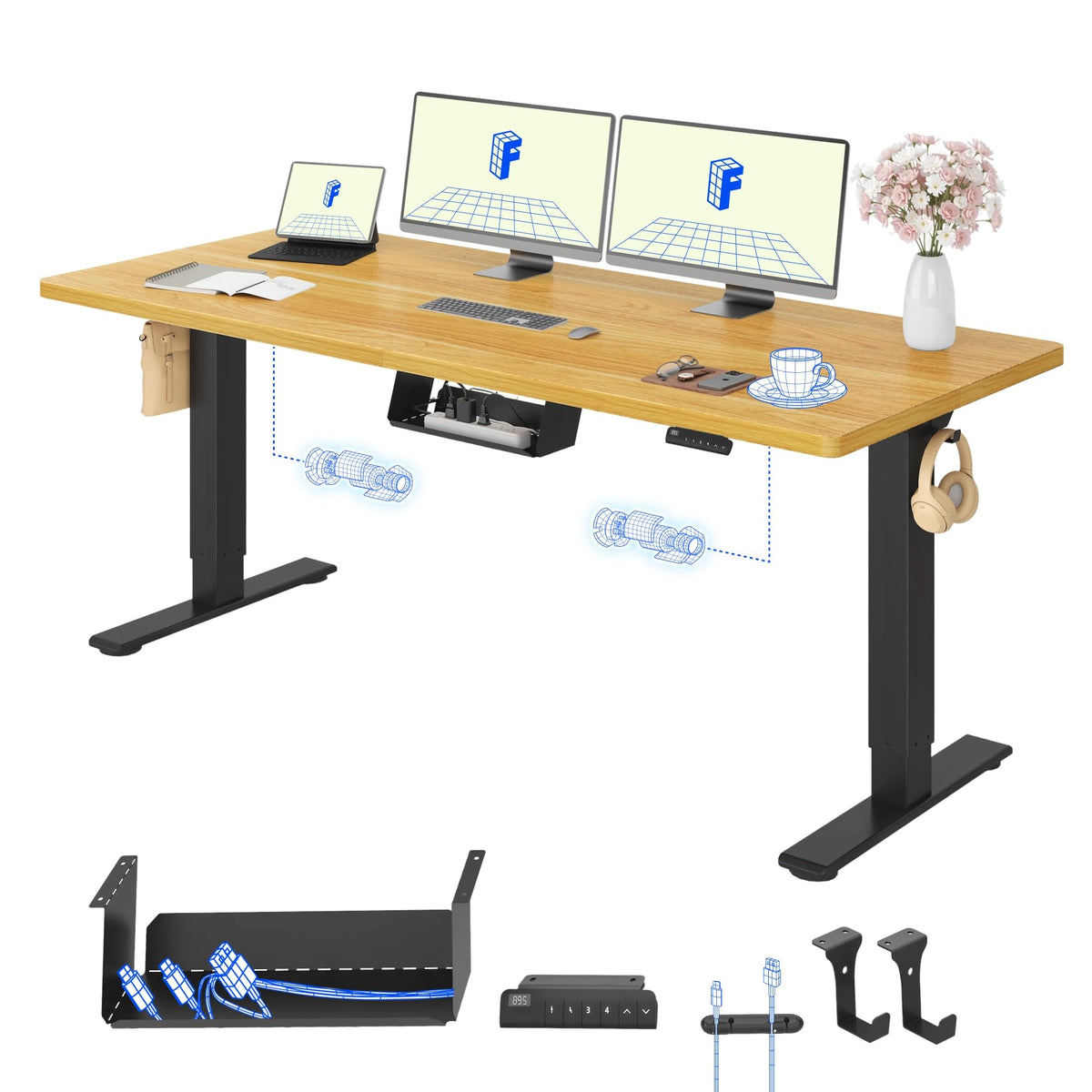 FLEXISPOT Höhenverstellbarer Schreibtisch elektrisch, Doppelmotor 160x80 cm – Ahorn Tischplatte+grau Tischgestell, 120 x 60 cm