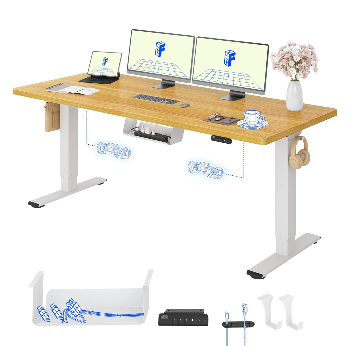 FLEXISPOT Höhenverstellbarer Schreibtisch elektrisch, Doppelmotor 160x80 cm – Weiß Tischplatte+sierrablau Tischgestell, 120 x 60 cm