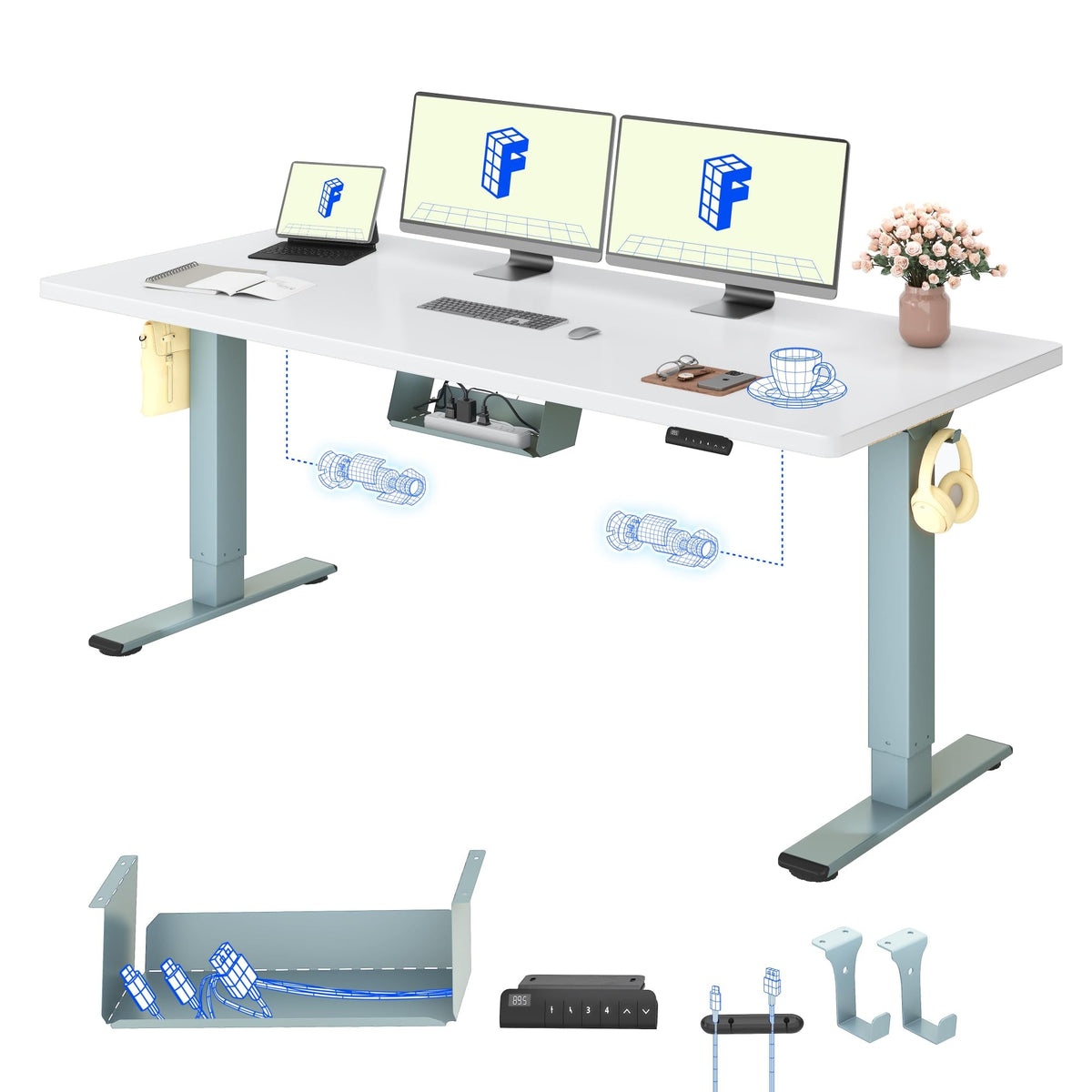 FLEXISPOT Höhenverstellbarer Schreibtisch elektrisch, Doppelmotor 160x80 cm – Ahorn Tischplatte+weiß Tischgestell, 120 x 60 cm