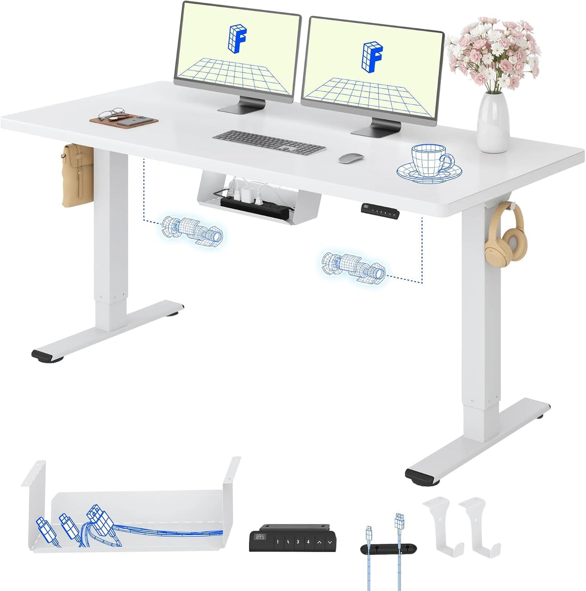 FLEXISPOT Höhenverstellbarer Schreibtisch elektrisch, Doppelmotor 160x80 cm – Ahorn Tischplatte+sierrablau Tischgestell, 120 x 60 cm