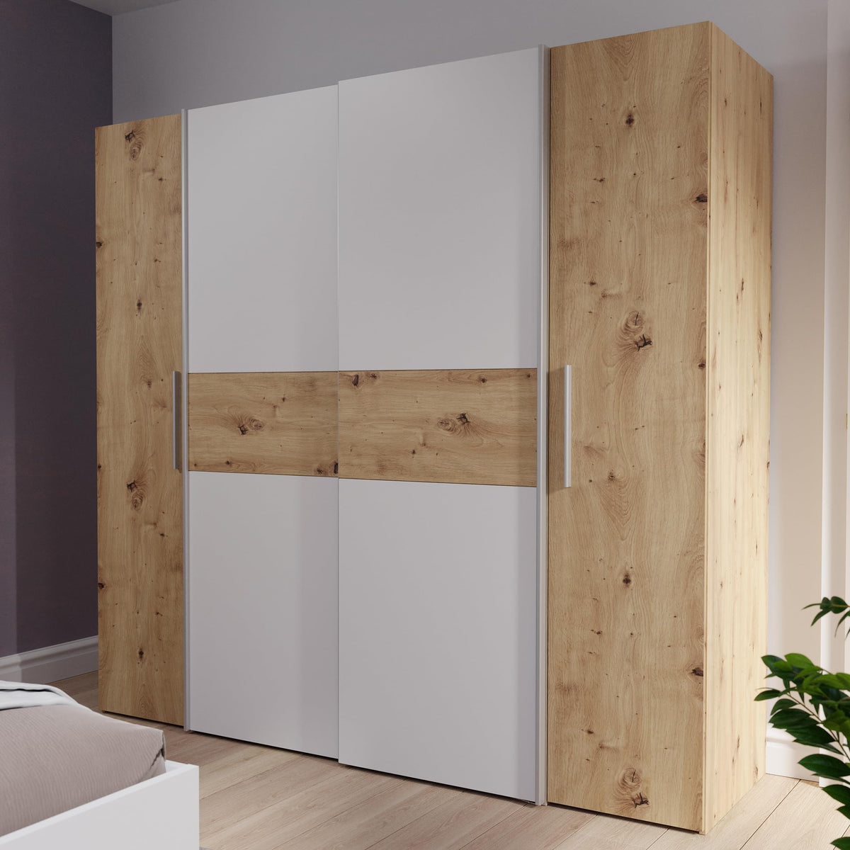 Forte Kalixtus Kleiderschrank 4-türig mit Schwebetüren – Moderner Schlafzimmerschrank mit Kleiderstangen & Einlegeböden – Eiche + Beige, Ohne Schubladen