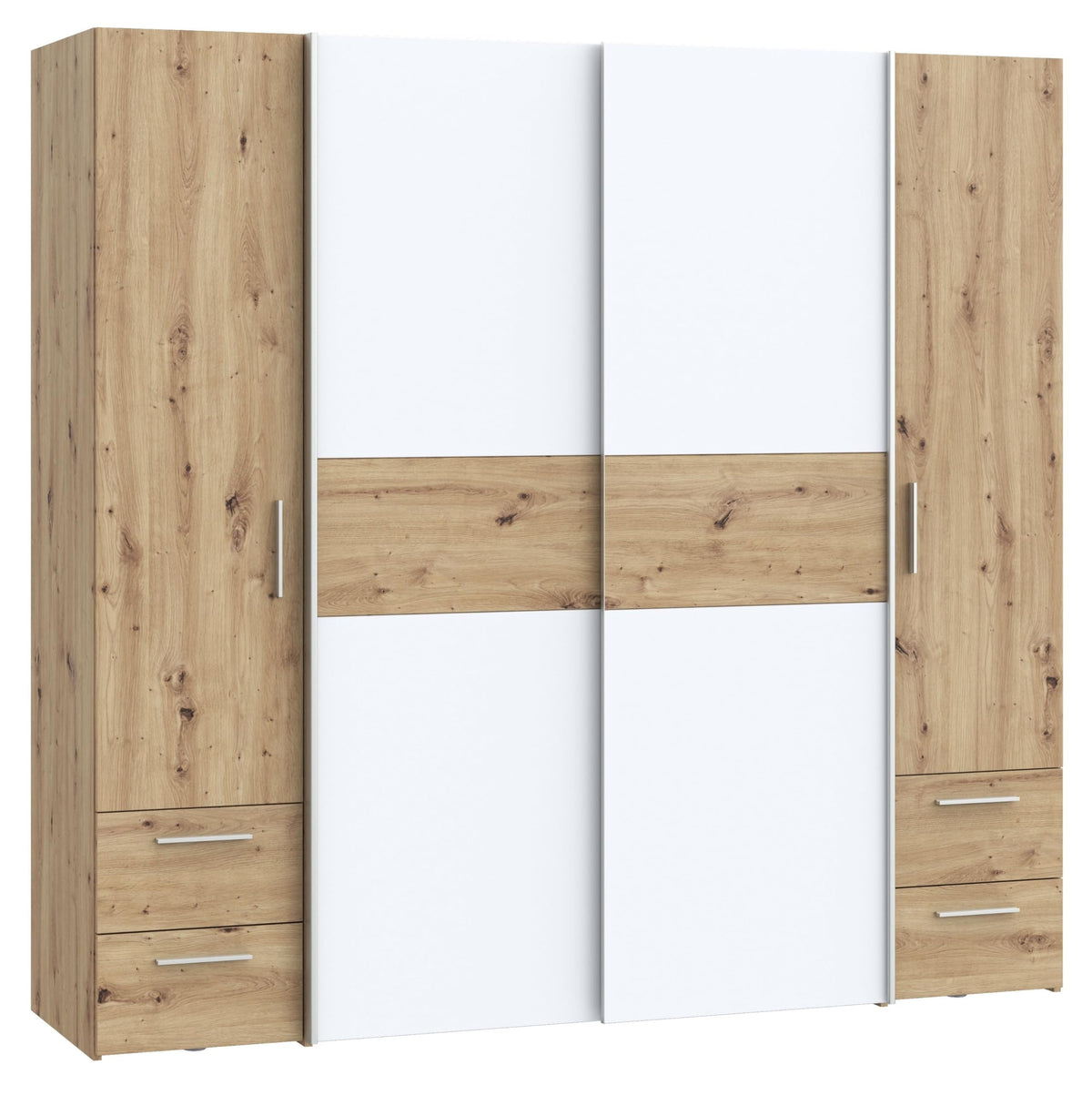 Forte Kalixtus Kleiderschrank 4-türig mit Schwebetüren – Moderner Schlafzimmerschrank mit Kleiderstangen & Einlegeböden – Artisan Eiche mit Schwarz, Ohne Schubladen
