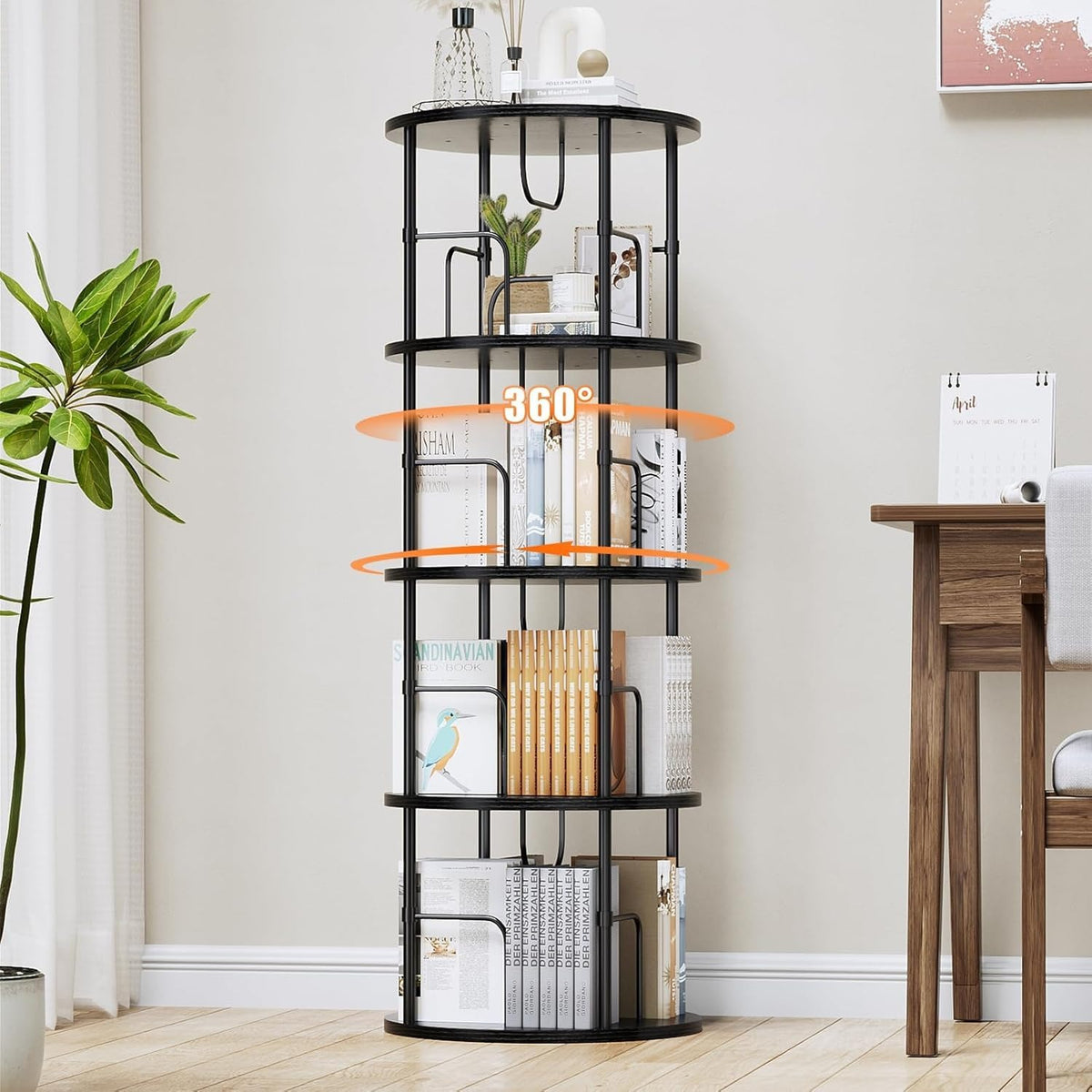 360° drehbares Bücherregal mit 5 Ebenen, Standregal aus MDF & Metall, rundes Regal für bis zu 100 Bücher – Schwarz, 4 Ebenen