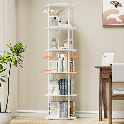 360° drehbares Bücherregal mit 5 Ebenen, Standregal aus MDF & Metall, rundes Regal für bis zu 100 Bücher – Weiß, 5 Ebenen