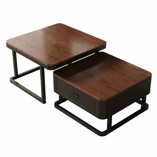 Couchtisch 2er Set rund mit Schublade, Satztische in Walnussoptik, Wohnzimmertisch mit Metallrahmen und Stauraum – Quadrat