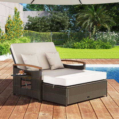 GIANTEX Rattan Lounge Gartenmöbel Set 2-Sitzer mit Doppelliege & Hocker, Outdoor Sofa mit Stauraum, verstellbar für Balkon & Terrasse – Gemischtes Braun + Khaki