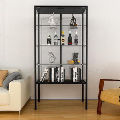 Glasvitrine Standvitrine in Schwarz, 164x42,5x36,5CM Glas Vitrine – Metall Schwarz, 4 Böden-Doppeltür