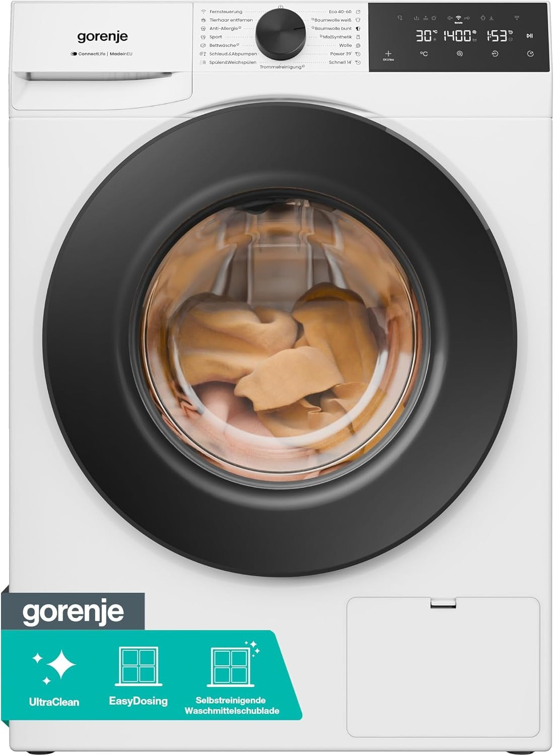 Gorenje WGAM474A Waschmaschine mit Dampffunktion /7 KG /1400 U-Min/ConnectLife /15 Programme/UltraClean/EasyDosing/SteamTech/Inverter PowerDrive /20% besser als Energieeffizienzklasse A/Weiß – 9 kg, full size, New