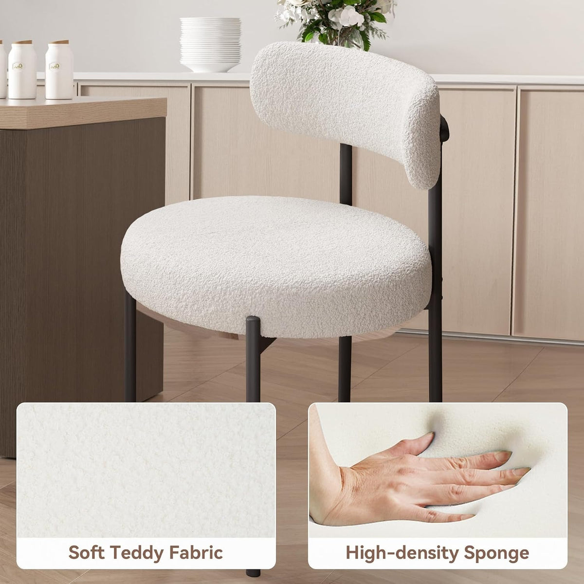 Hawthyhome Esszimmerstühle 4er Set丨Teddy Stoff Runde Boucle Stühle·Mid-Century gepolsterte Küchenstühle·Esszimmerstühle mit Metallbeinen·Creme Wei߷