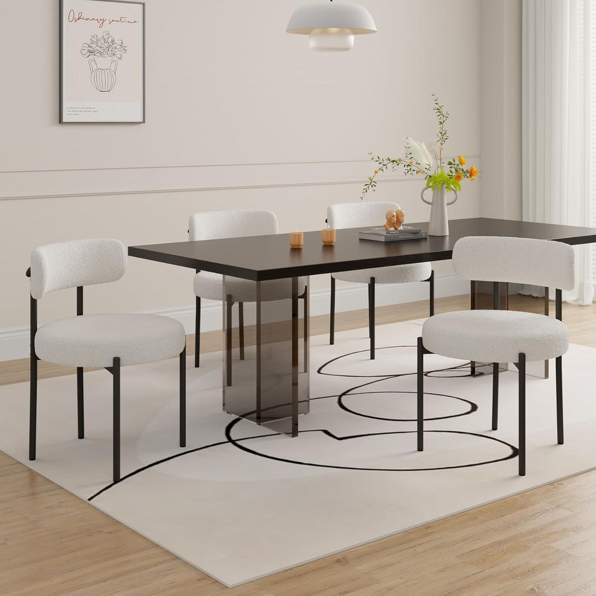 Hawthyhome Esszimmerstühle 4er Set丨Teddy Stoff Runde Boucle Stühle·Mid-Century gepolsterte Küchenstühle·Esszimmerstühle mit Metallbeinen·Creme Wei߷