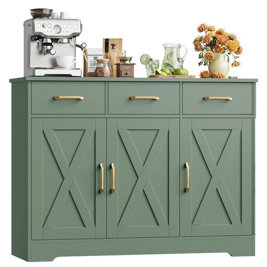 HOCSOK Sideboard, Küchenschrank mit Verstellbaren Ablagen, Weiß & Braun – Grün