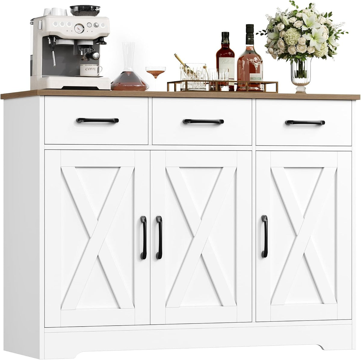 HOCSOK Sideboard, Küchenschrank mit Verstellbaren Ablagen, Weiß & Braun – Schwarz & Braun