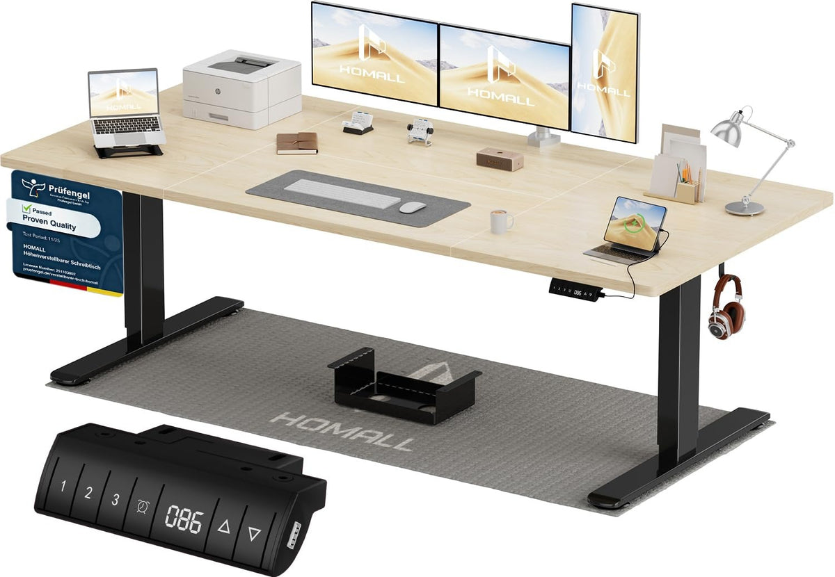 Homall Elektrischer Schreibtisch höhenverstellbar Weiß – Sitz-Steh-Schreibtisch mit USB-A, Memory-Funktion & Kabelmanagement – 200_x_80_cm, Weiß + Nussbaum
