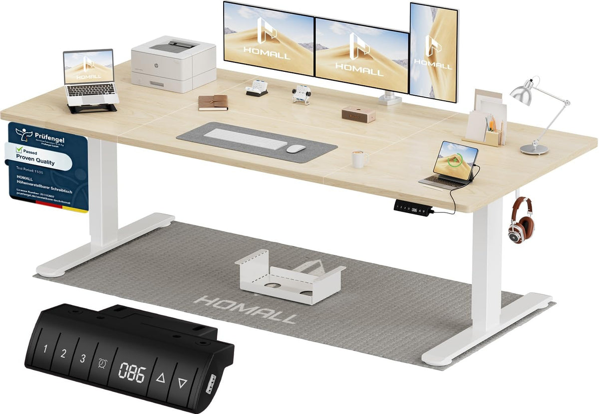 Homall Elektrischer Schreibtisch höhenverstellbar Weiß – Sitz-Steh-Schreibtisch mit USB-A, Memory-Funktion & Kabelmanagement – 200_x_80_cm, Schwarz + Beige