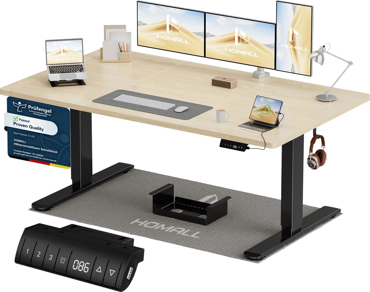 Homall Elektrischer Schreibtisch höhenverstellbar Weiß – Sitz-Steh-Schreibtisch mit USB-A, Memory-Funktion & Kabelmanagement – 180_x_80_cm, Weiß + Nussbaum