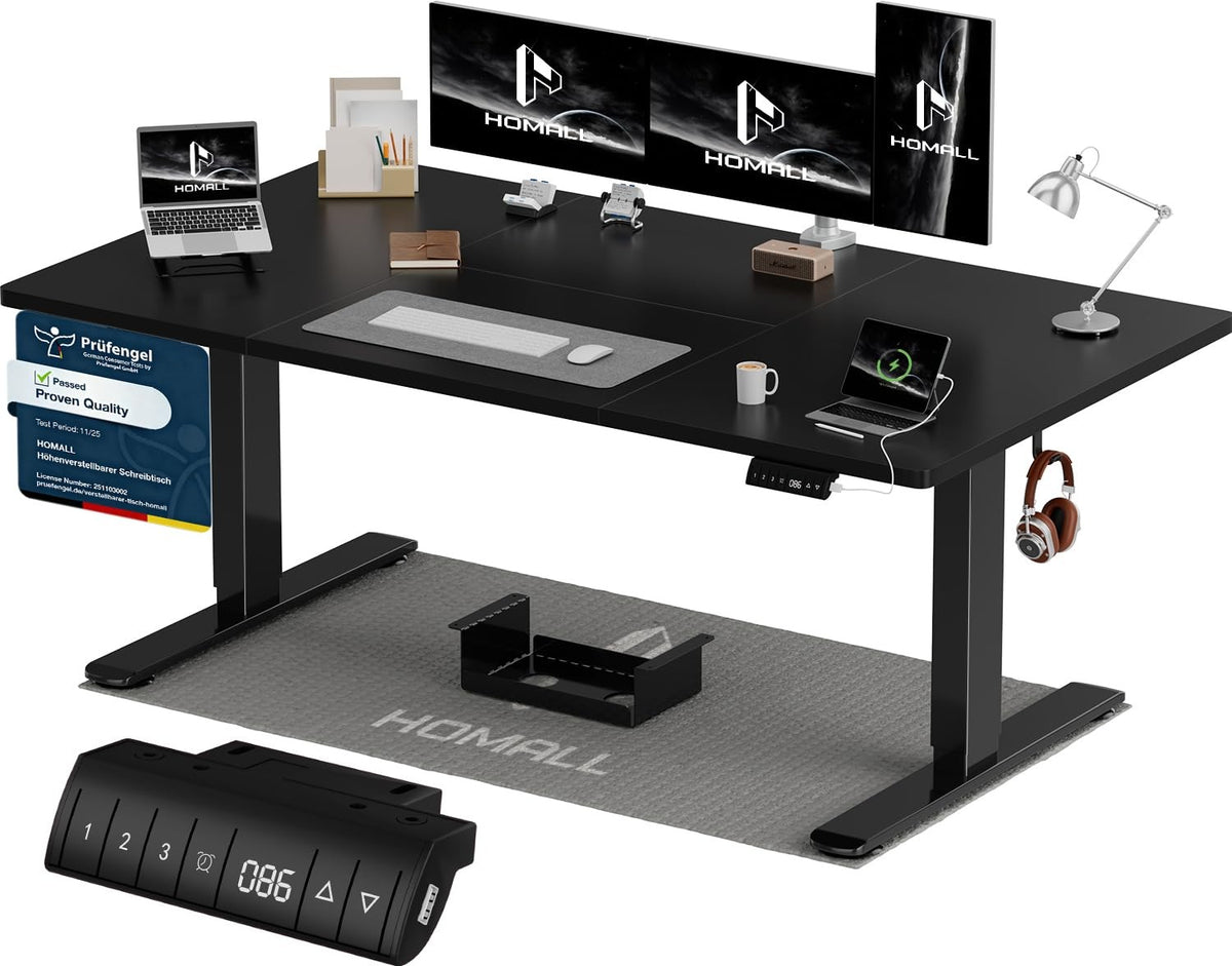 Homall Elektrischer Schreibtisch höhenverstellbar Weiß – Sitz-Steh-Schreibtisch mit USB-A, Memory-Funktion & Kabelmanagement – 160_x_80_cm, Schwarz