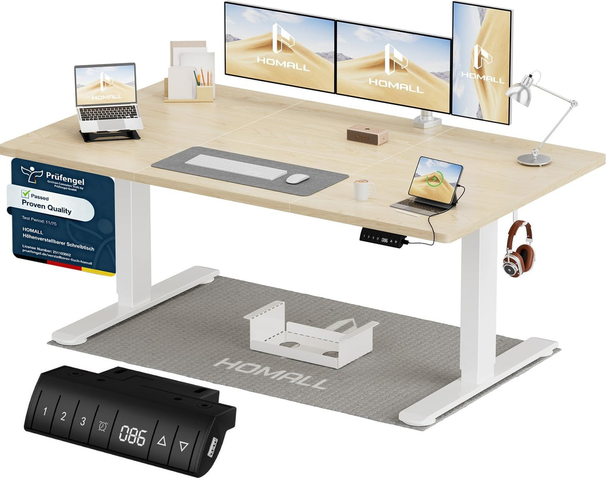 Homall Elektrischer Schreibtisch höhenverstellbar Weiß – Sitz-Steh-Schreibtisch mit USB-A, Memory-Funktion & Kabelmanagement – 140_x_70_cm, Schwarz + Beige
