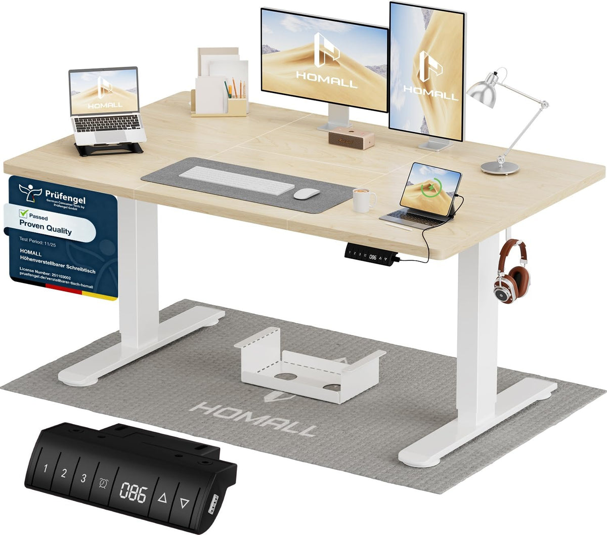 Homall Elektrischer Schreibtisch höhenverstellbar Weiß – Sitz-Steh-Schreibtisch mit USB-A, Memory-Funktion & Kabelmanagement – 160_x_80_cm, Schwarz + Beige