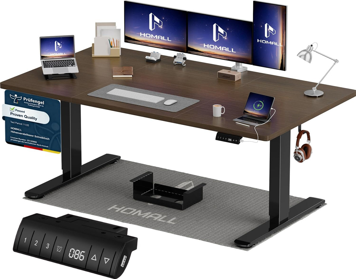 Homall Elektrischer Schreibtisch höhenverstellbar Weiß – Sitz-Steh-Schreibtisch mit USB-A, Memory-Funktion & Kabelmanagement – 140_x_70_cm, Schwarz + Braun
