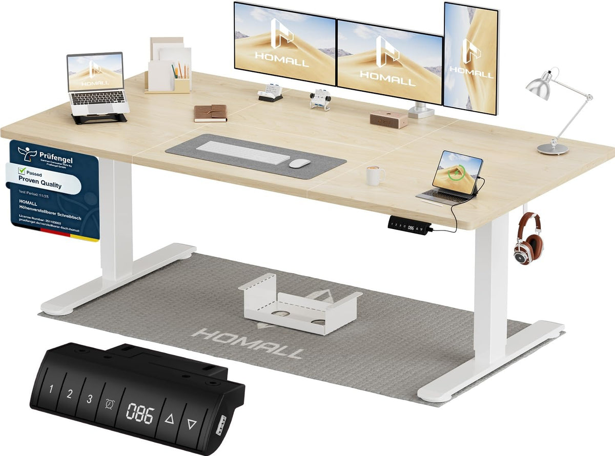 Homall Elektrischer Schreibtisch höhenverstellbar Weiß – Sitz-Steh-Schreibtisch mit USB-A, Memory-Funktion & Kabelmanagement – 140_x_70_cm, Weiß + Beige