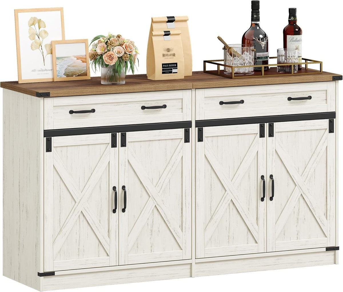 Hzuaneri Sideboard, Buffetschrank mit 2 Schublade, 4 Türen – Vintagebraun-weiß, 40 x 108 x 80 cm