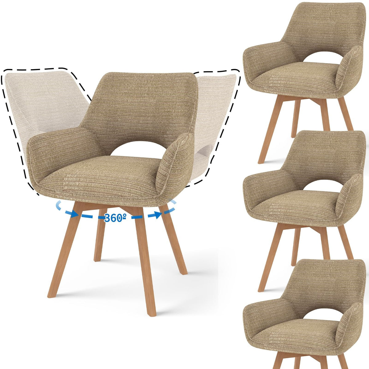 JIJIAN 2er Set 360° Drehbare Esszimmerstühle mit Armlehnen, Grün – Taupe Holz, 4