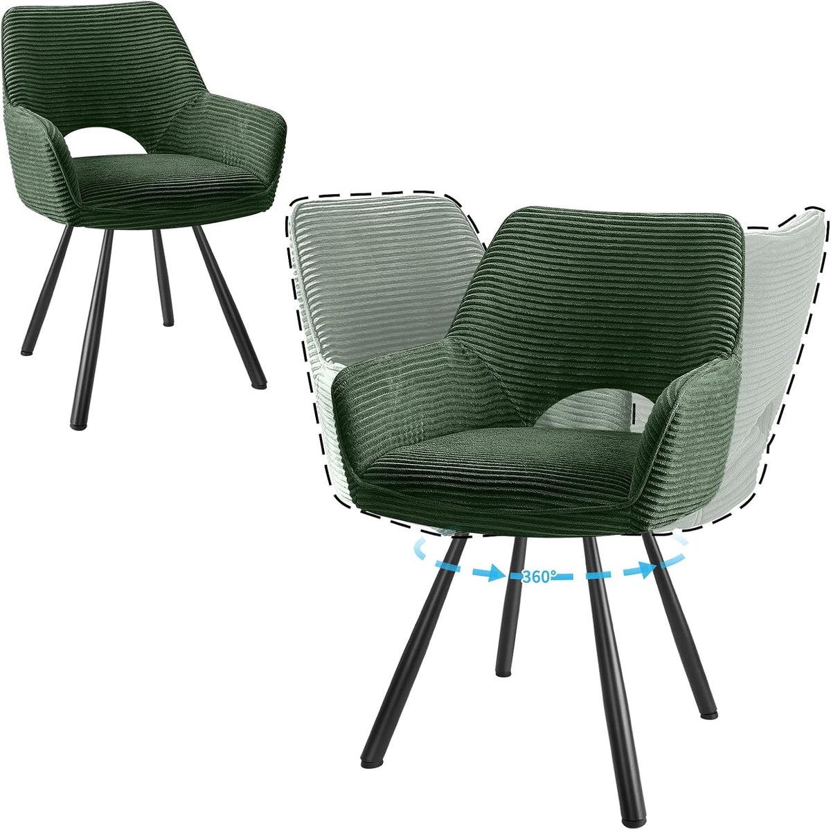 JIJIAN 2er Set 360° Drehbare Esszimmerstühle mit Armlehnen, Grün – Braun Holz, 4