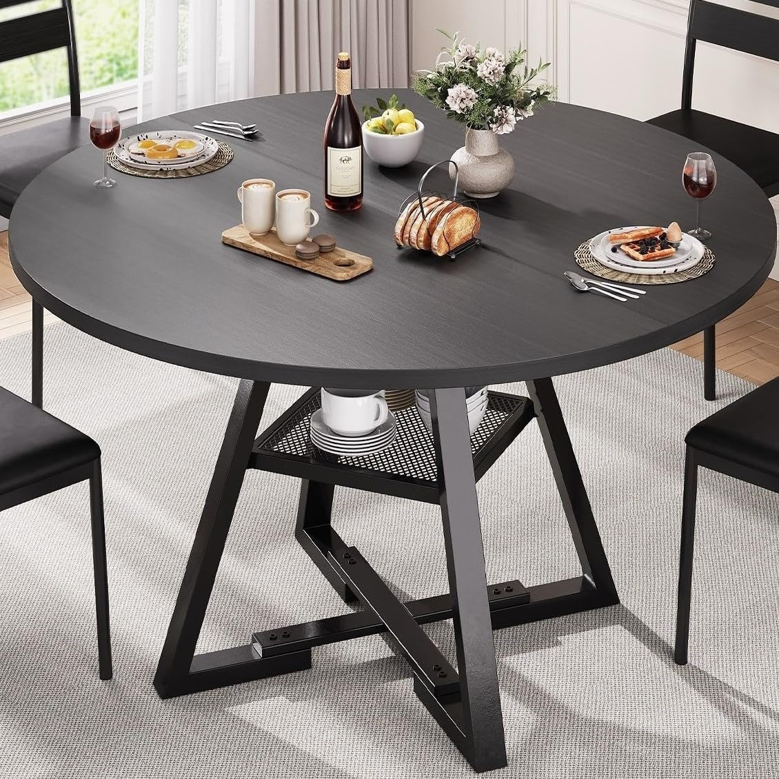 Jocoevol Esstisch Runder für 2–4 Personen, Esszimmertisch mit Ablage, platzsparender Küchentisch aus Holz im Industrial Design (Schwarz, 107x107x76cm) – Schwarz, 130 x 130 cm