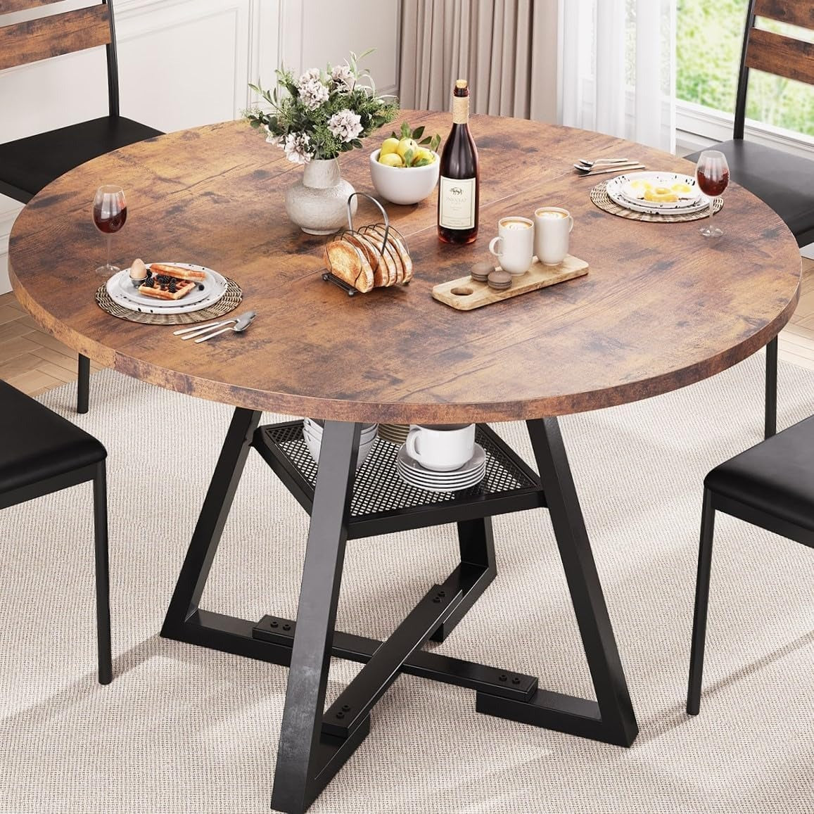 Jocoevol Esstisch Runder für 2–4 Personen, Esszimmertisch mit Ablage, platzsparender Küchentisch aus Holz im Industrial Design (Schwarz, 107x107x76cm) – Schwarz, 107 x 107 cm