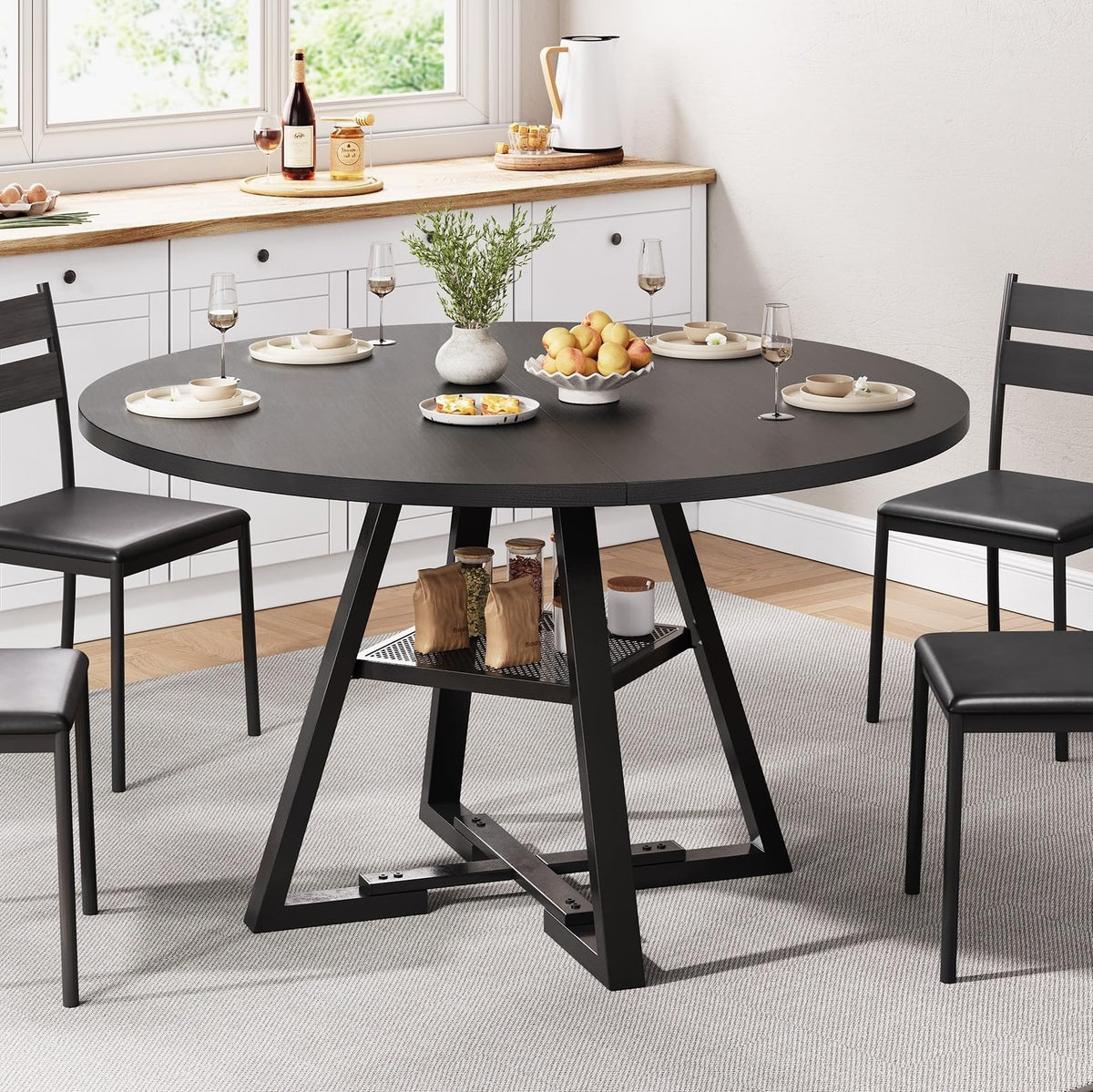 Jocoevol Esstisch Runder für 2–4 Personen, Esszimmertisch mit Ablage, platzsparender Küchentisch aus Holz im Industrial Design (Schwarz, 107x107x76cm) – Schwarz, 80 x 80 cm