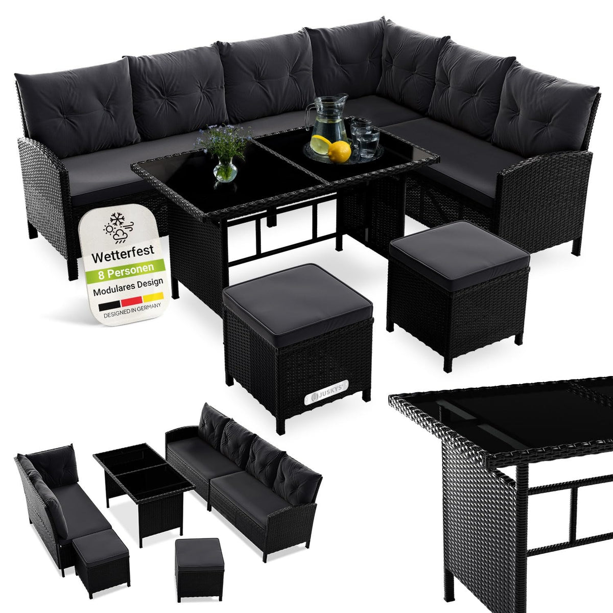 Juskys Gartenlounge Polyrattan Grau, Ecksofa mit Tisch & 2 Hockern, Gartenmöbel Set für 7 Personen, wetterfest